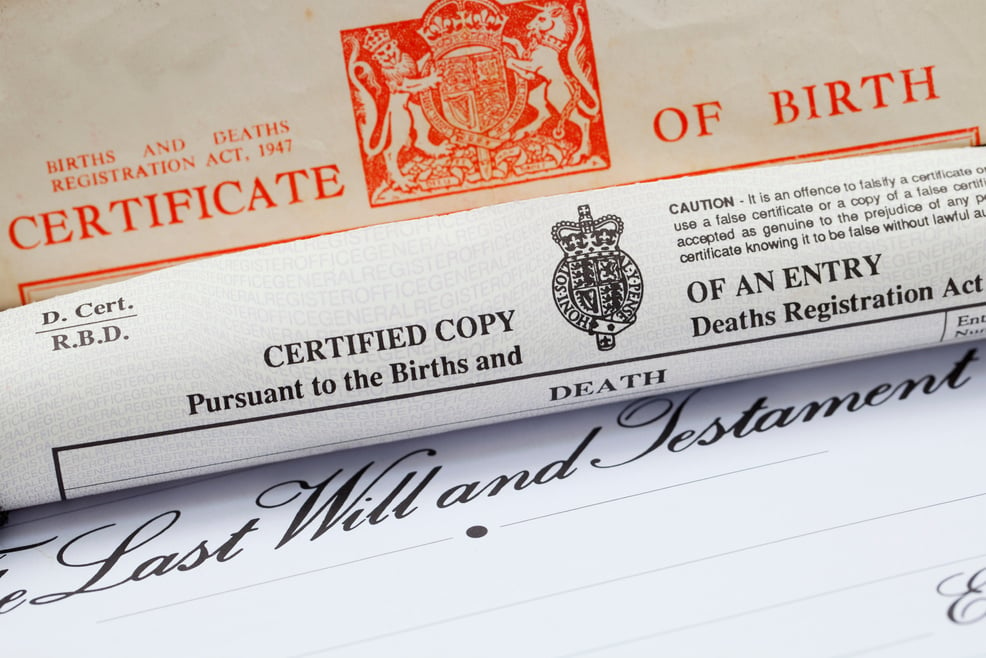 UK Birth Certificate, Death Certificate and Will